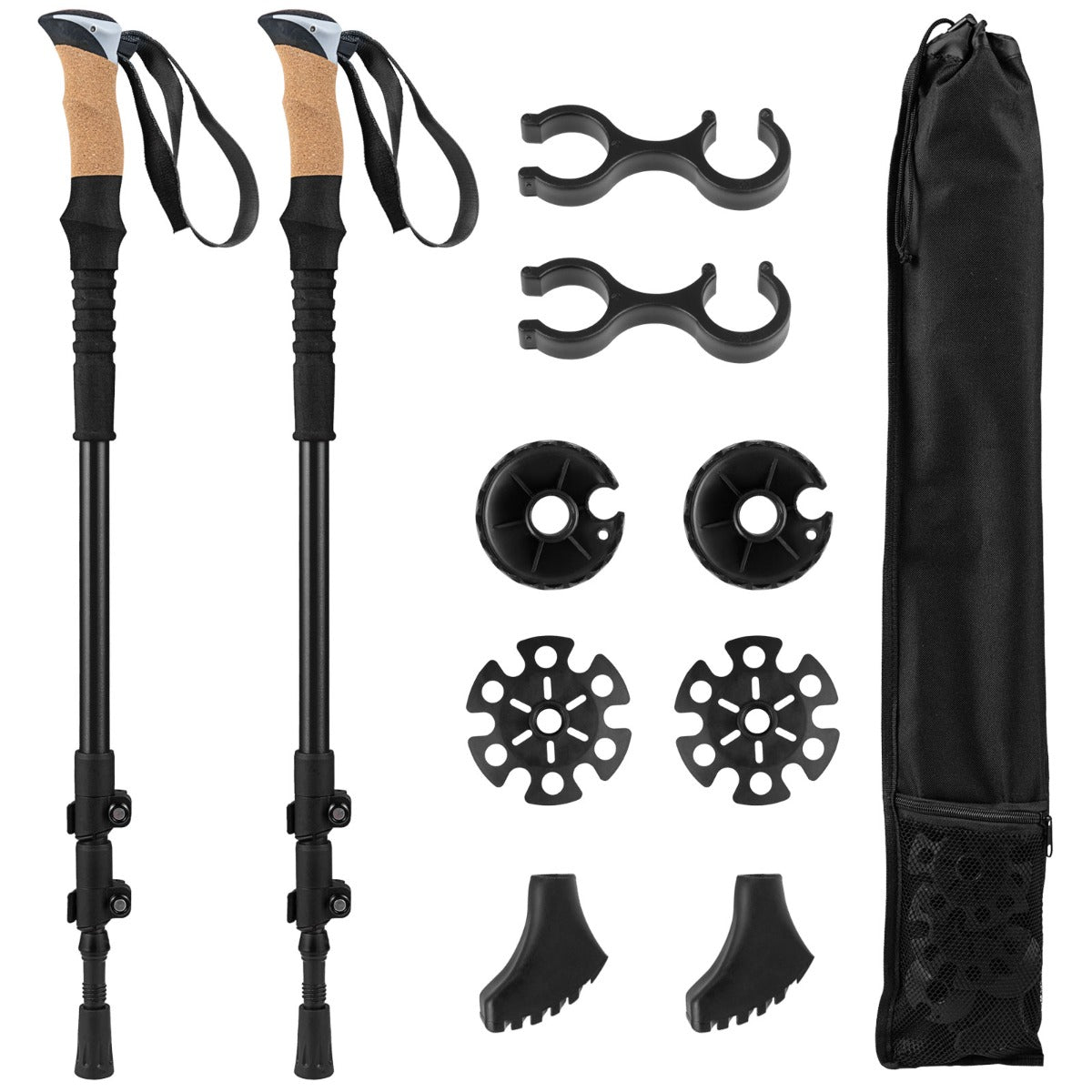 Retractable Hiking Poles Pair of 2 with EVA and Natural Cork Grips-Black