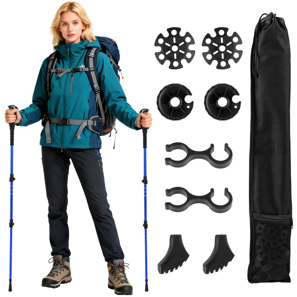 Retractable Hiking Poles Pair of 2 with EVA and Natural Cork Grips-Blue