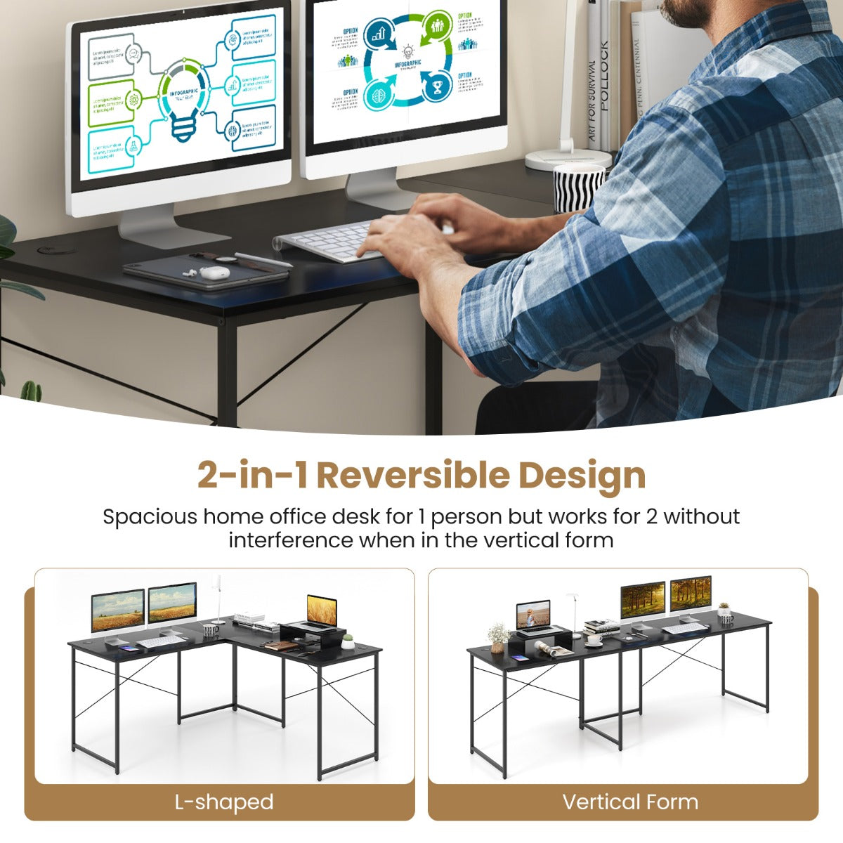 Reversible Corner Study Workstation and Writing Desk with Monitor Stand-Black