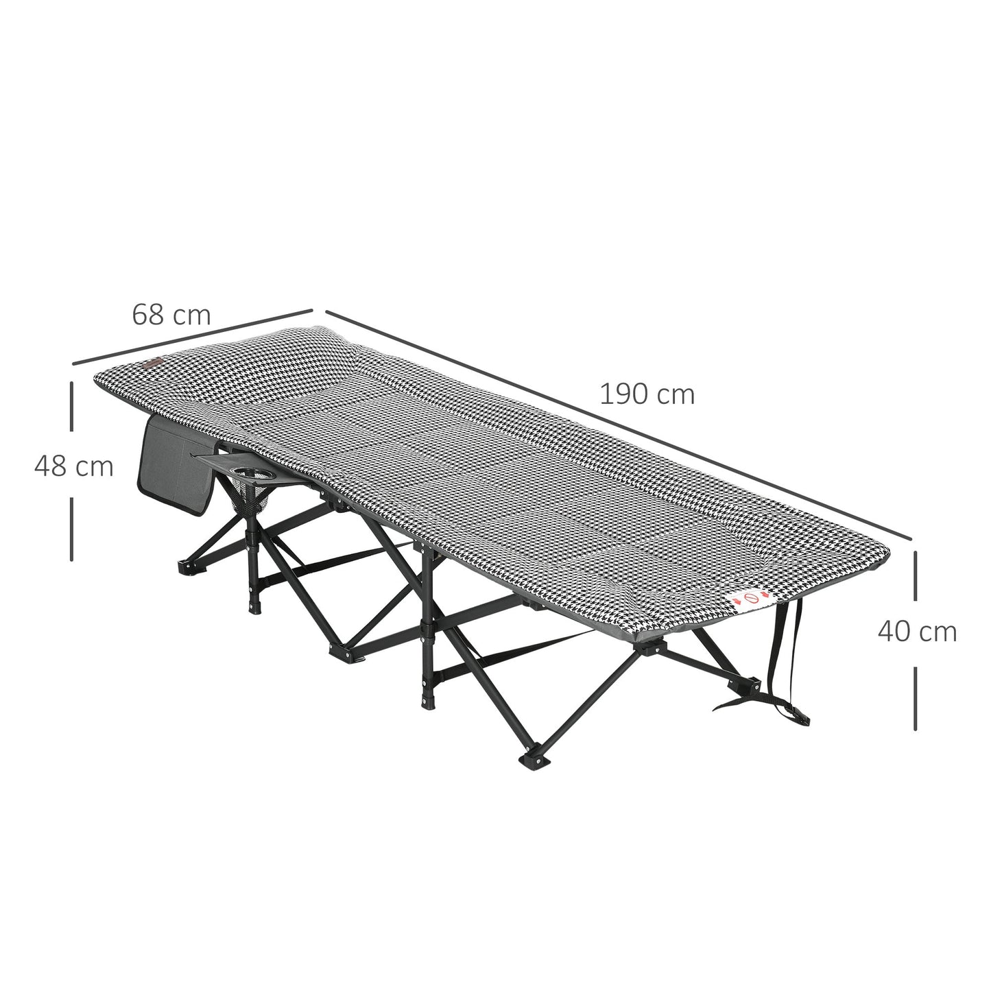 Outsunny Foldable Camp Bed, Padded Patio Camping Bed with Carry Bag, Magazine Bag and Cup Holder for Outdoor, Garden, Black