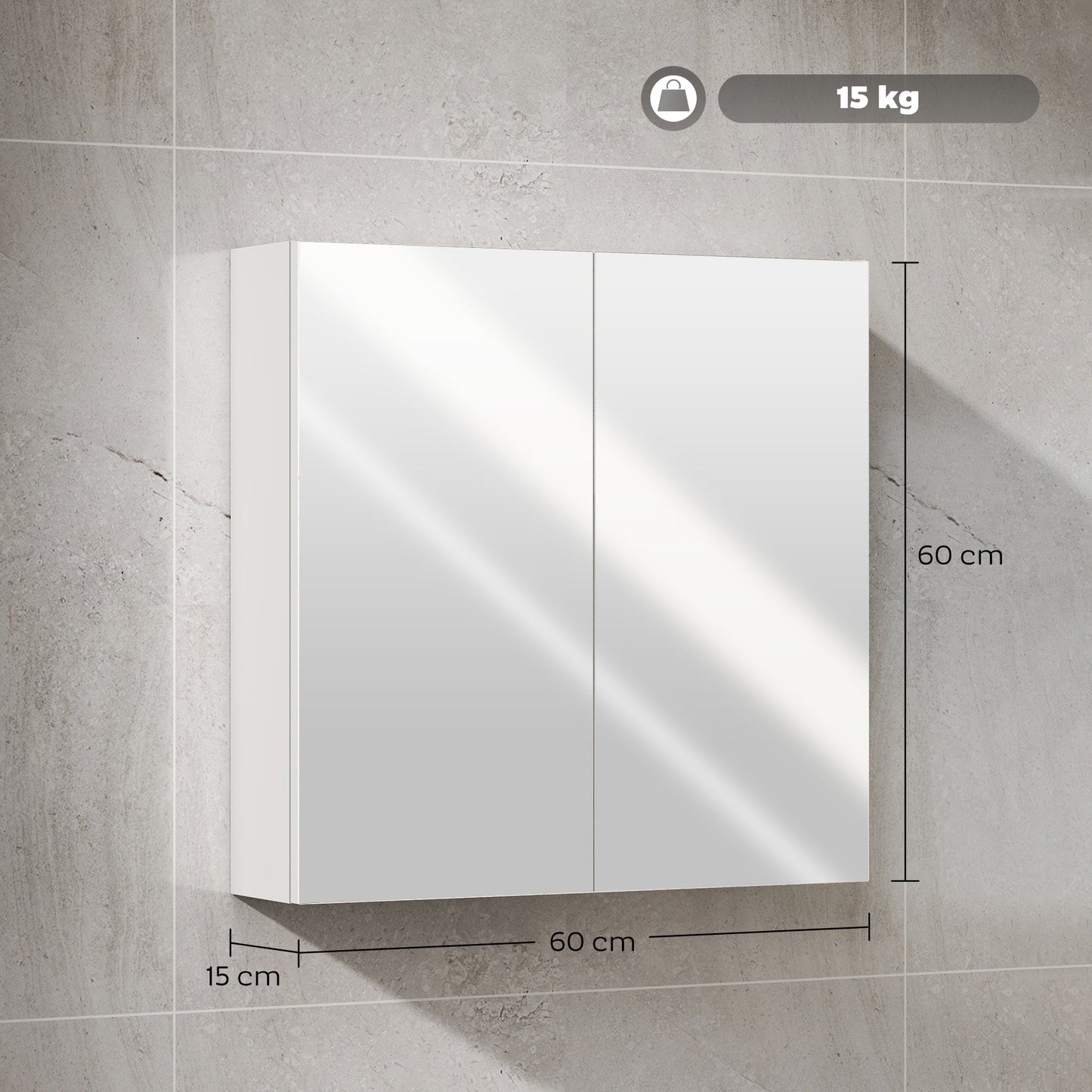 HOMCOM 60 x 15 cm Double Door Bathroom Mirror Cabinet - White