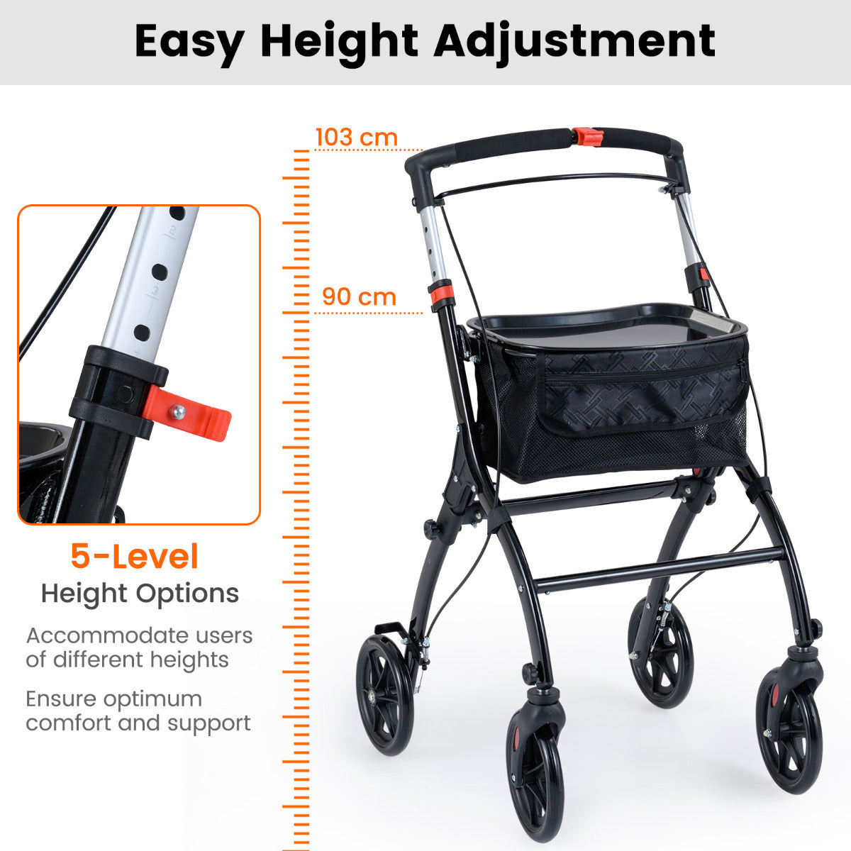 Rollator Walkers Lightweight Foldable Rolling Walker with Tray for Seniors-Black