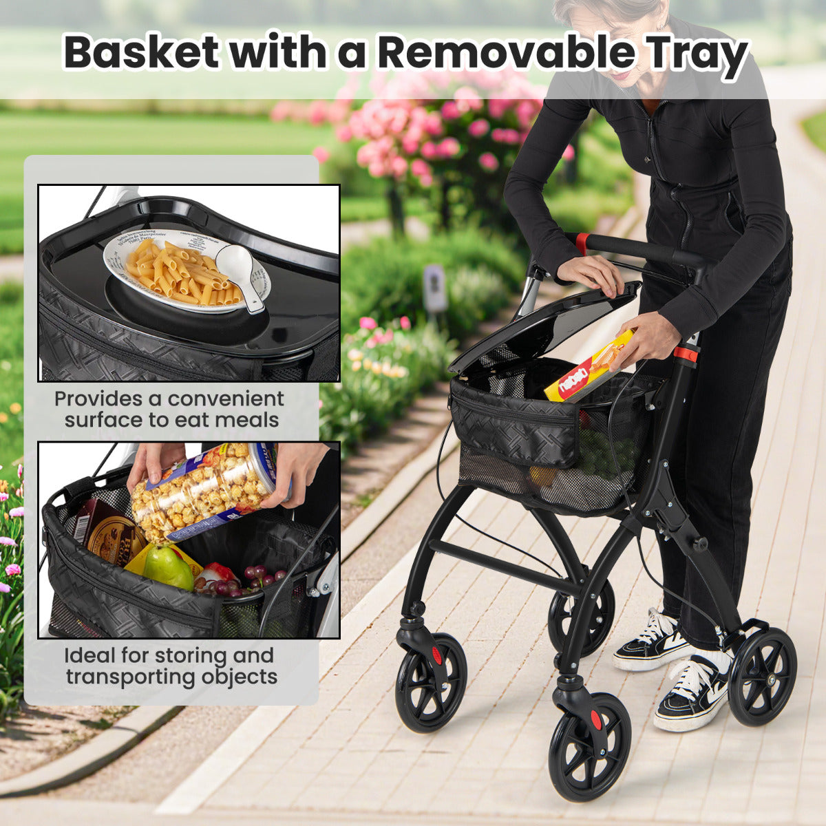 Rollator Walkers Lightweight Foldable Rolling Walker with Tray for Seniors-Black