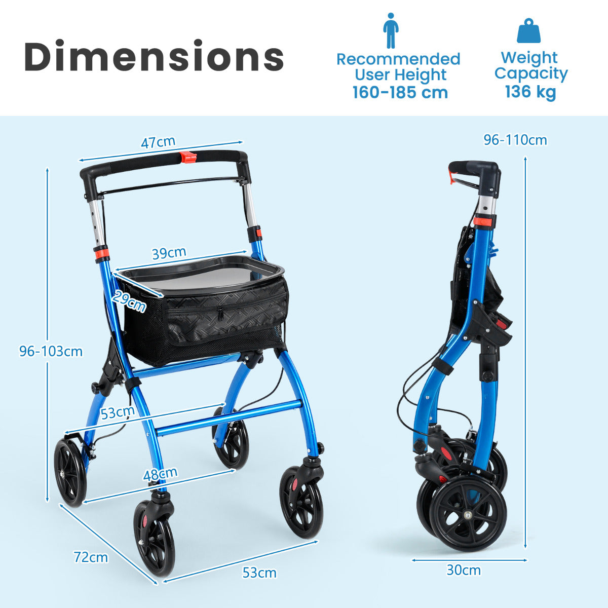 Rollator Walkers Lightweight Foldable Rolling Walker with Tray for Seniors-Black & Blue