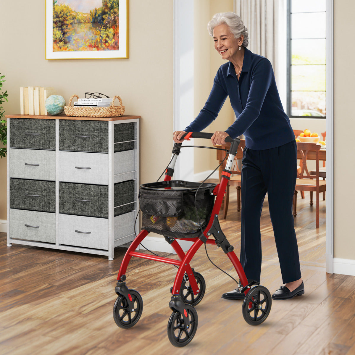 Rollator Walkers Lightweight Foldable Rolling Walker with Tray for Seniors-Black & Red