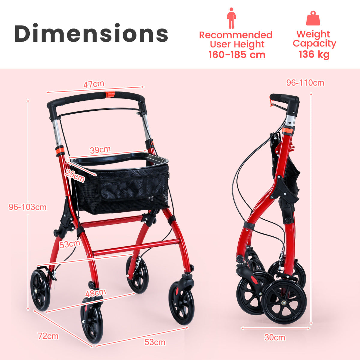 Rollator Walkers Lightweight Foldable Rolling Walker with Tray for Seniors-Black & Red
