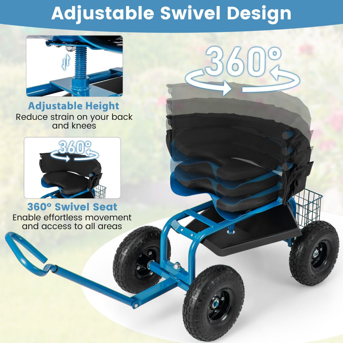 Rolling Garden Cart with Adjustable Height and Tool Tray-Blue