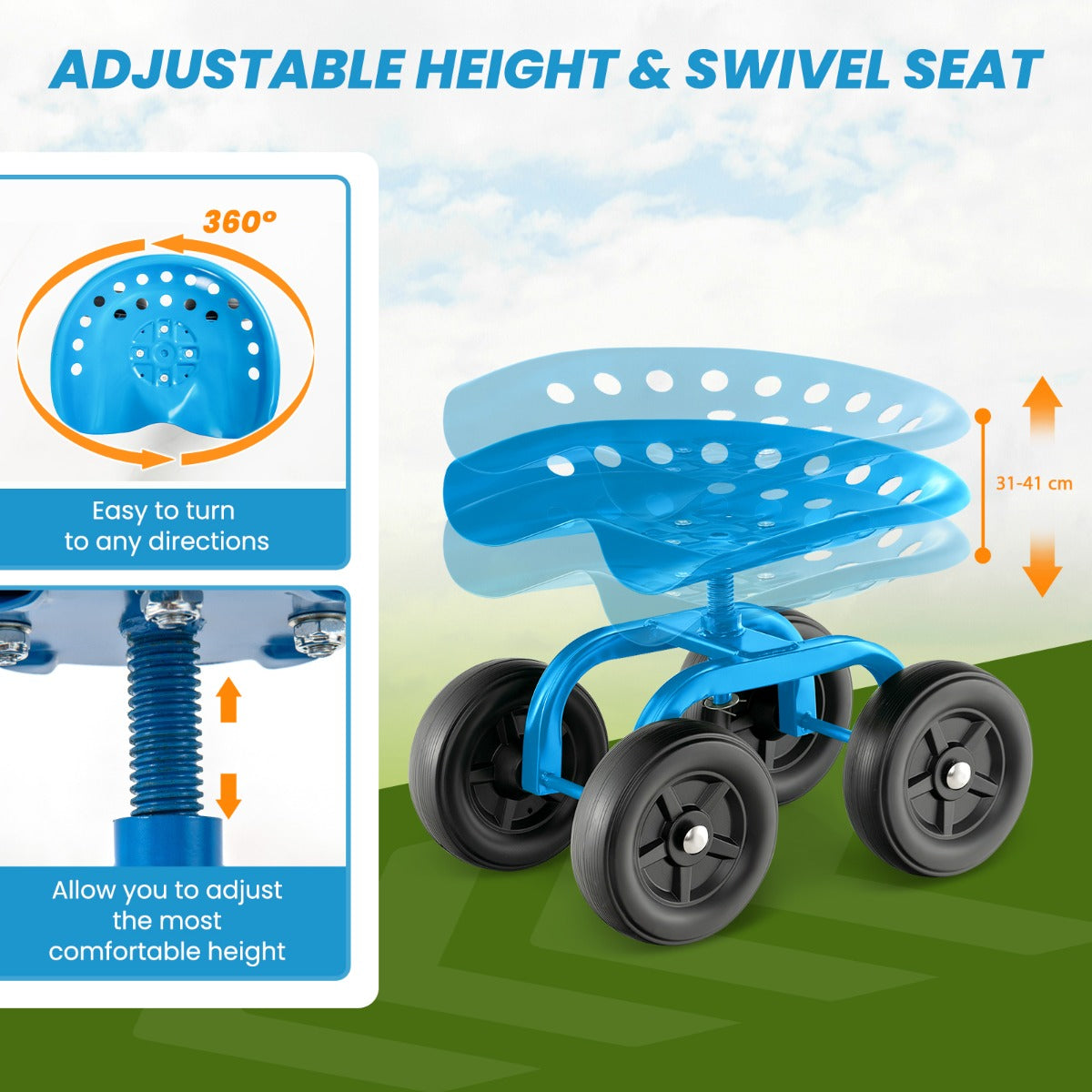 Rolling Garden Workseat with 360°Swivel Seat and Adjustable Height-Blue