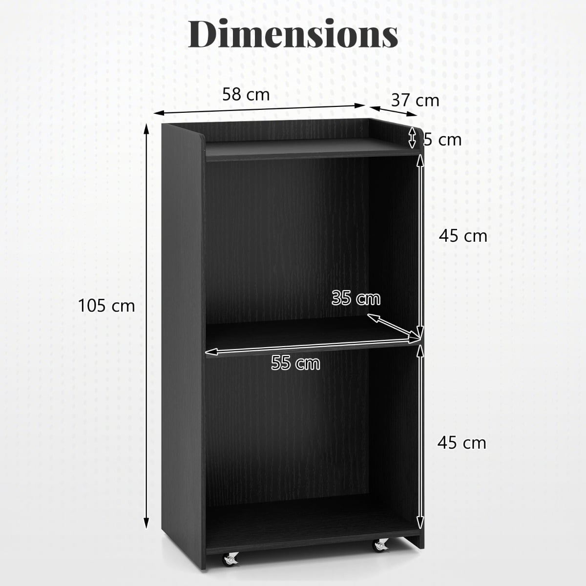 Rolling Lectern Stand with 2 Storage Shelves and 4 Universal Casters-Black