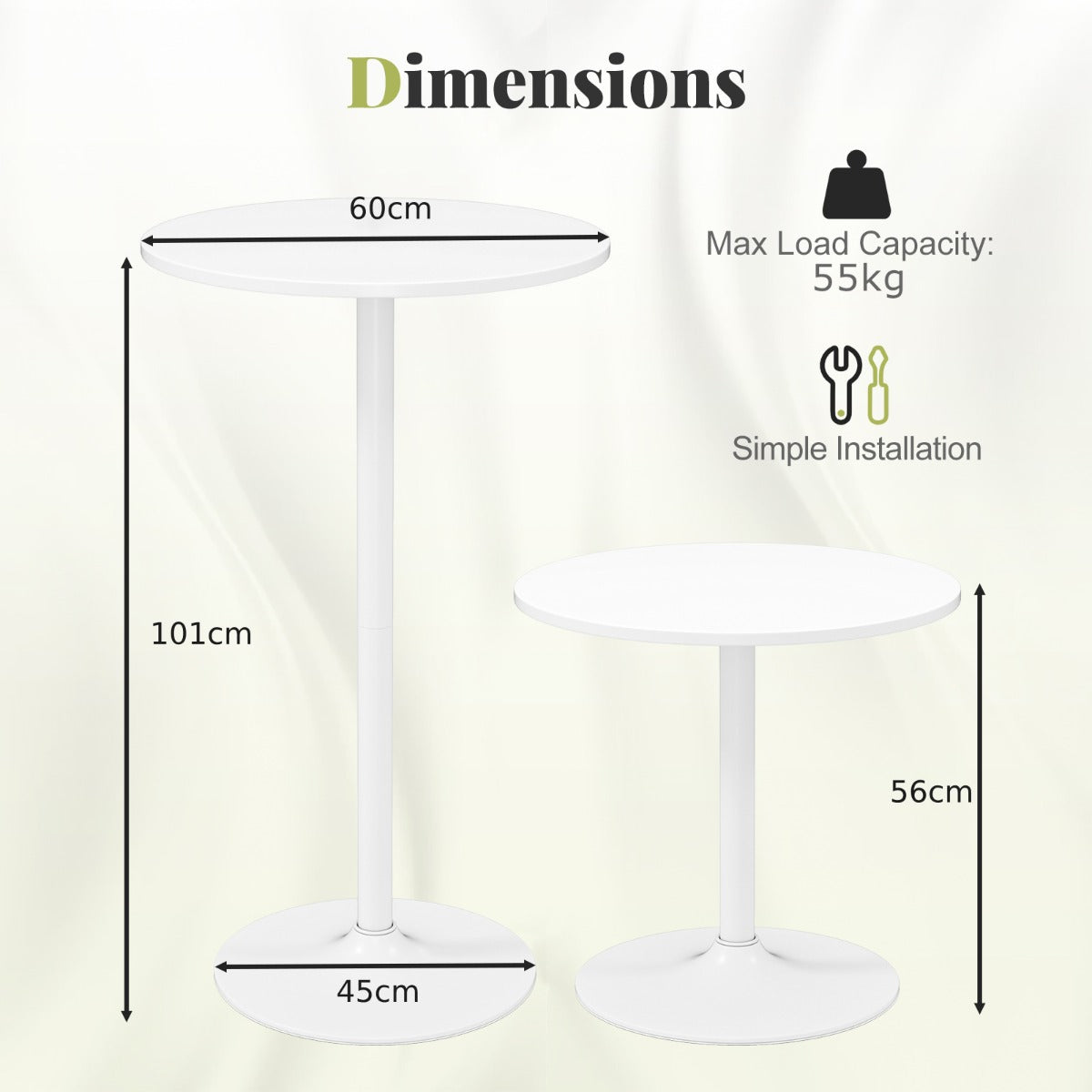 Round Bar Table with Adjustable Height and Metal Base Set of 2-White