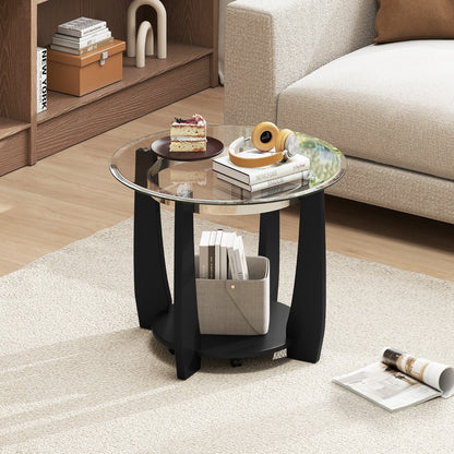 81CM 2-Tier Round Center Table with Storage Shelf and Solid Rubber Wood Legs-Black