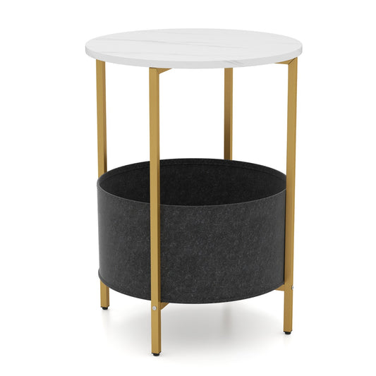 Round End Table for Small Space with Removable Fabric Basket and Metal Frame-White