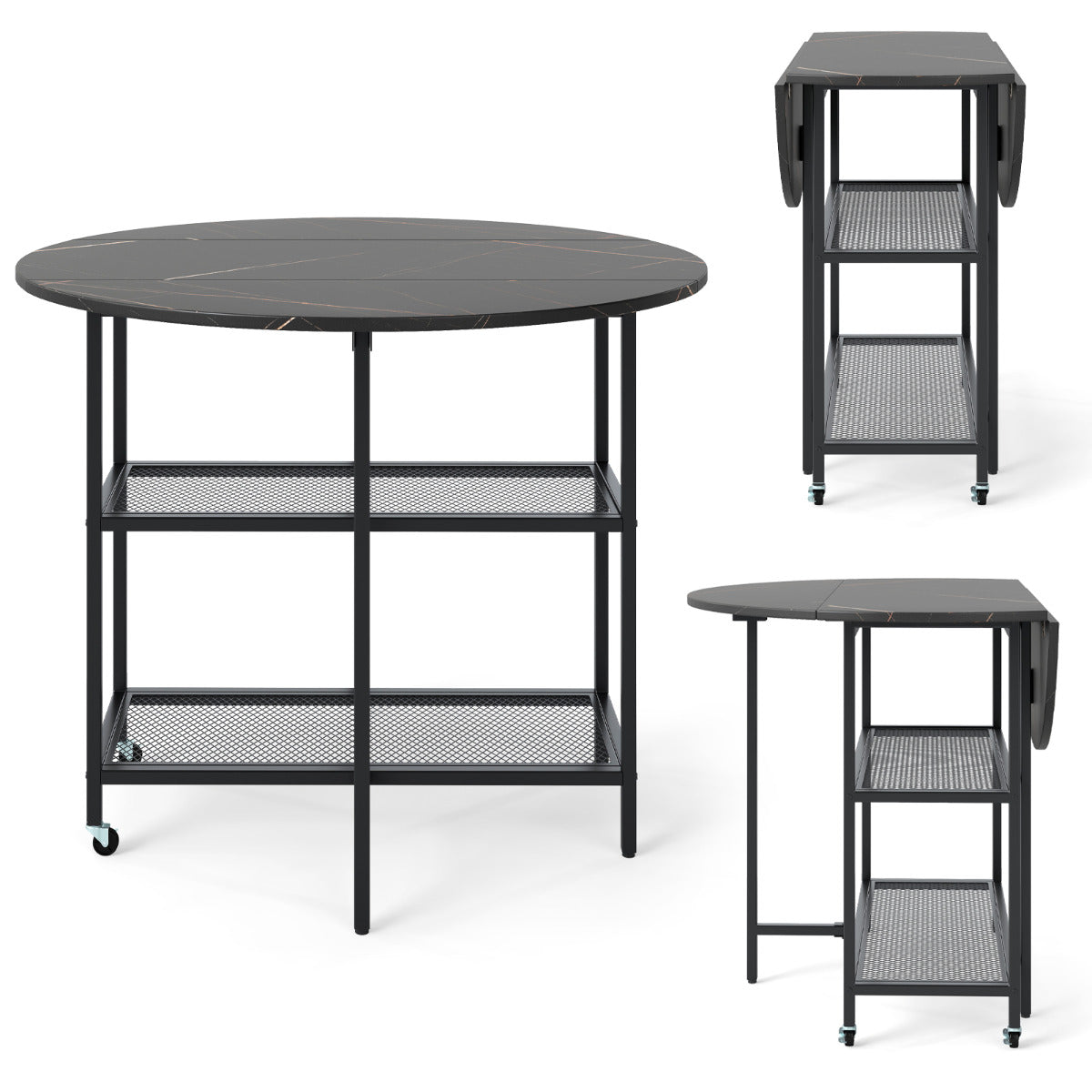 Round Kitchen Table Modern Dining Table with Drop Leaf Tabletop-Black