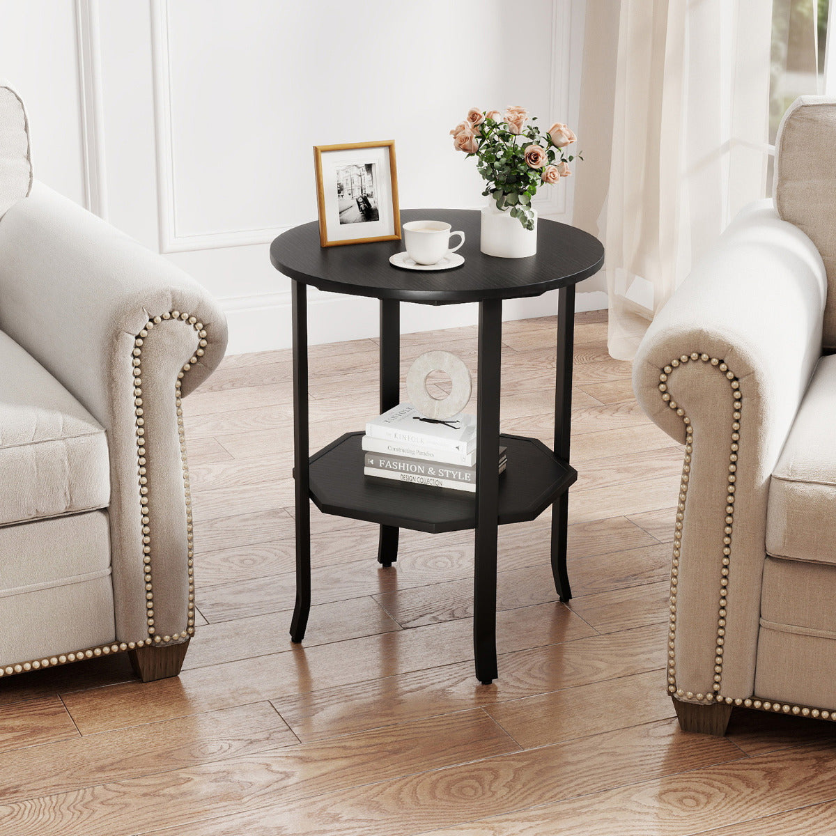 Round Side 2-Tier End Table with Storage Shelf-Black