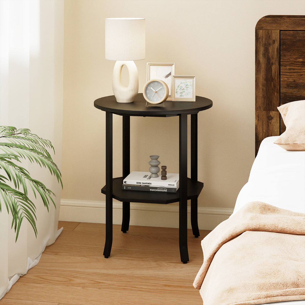 Round Side 2-Tier End Table with Storage Shelf-Black