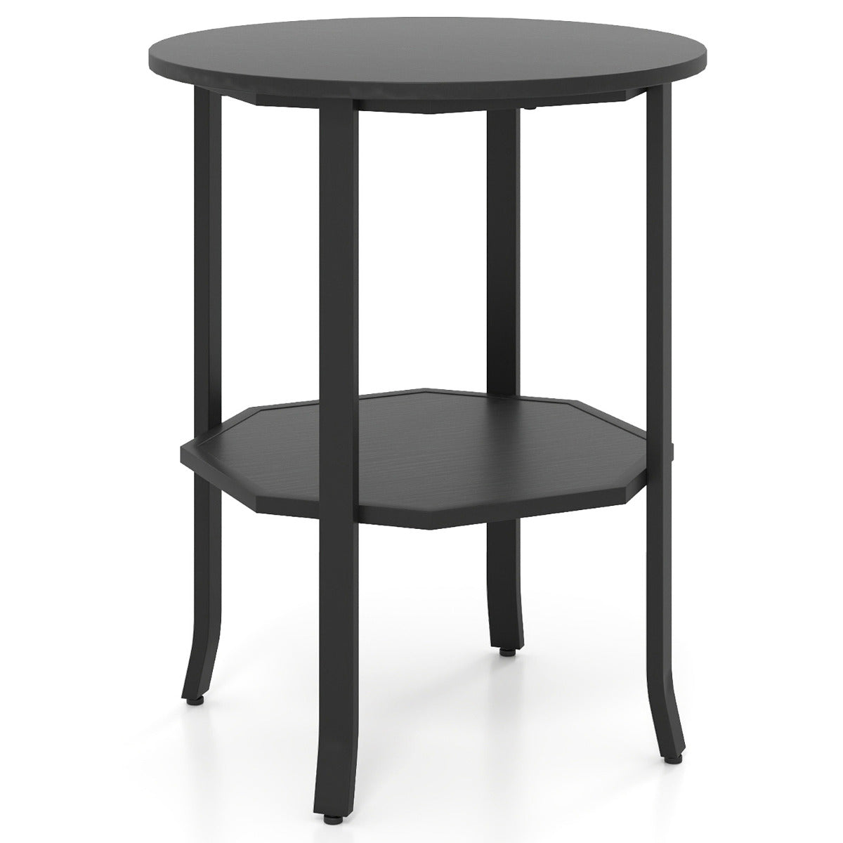 Round Side 2-Tier End Table with Storage Shelf-Black