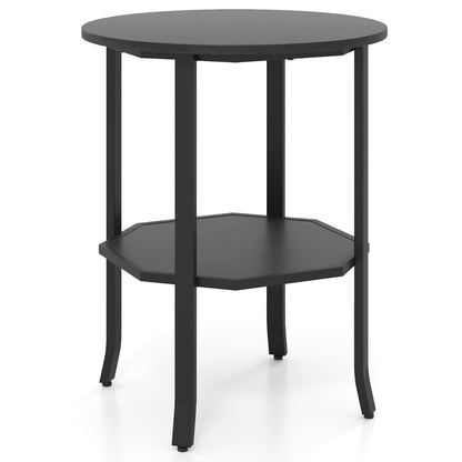 Round Side 2-Tier End Table with Storage Shelf-Black