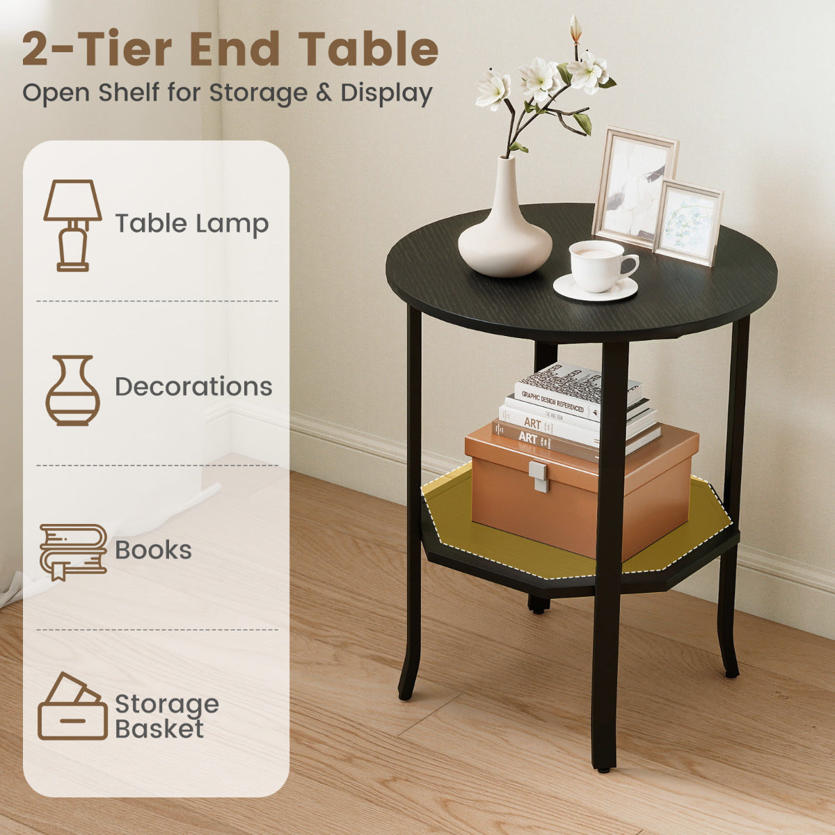 Round Side 2-Tier End Table with Storage Shelf-Black