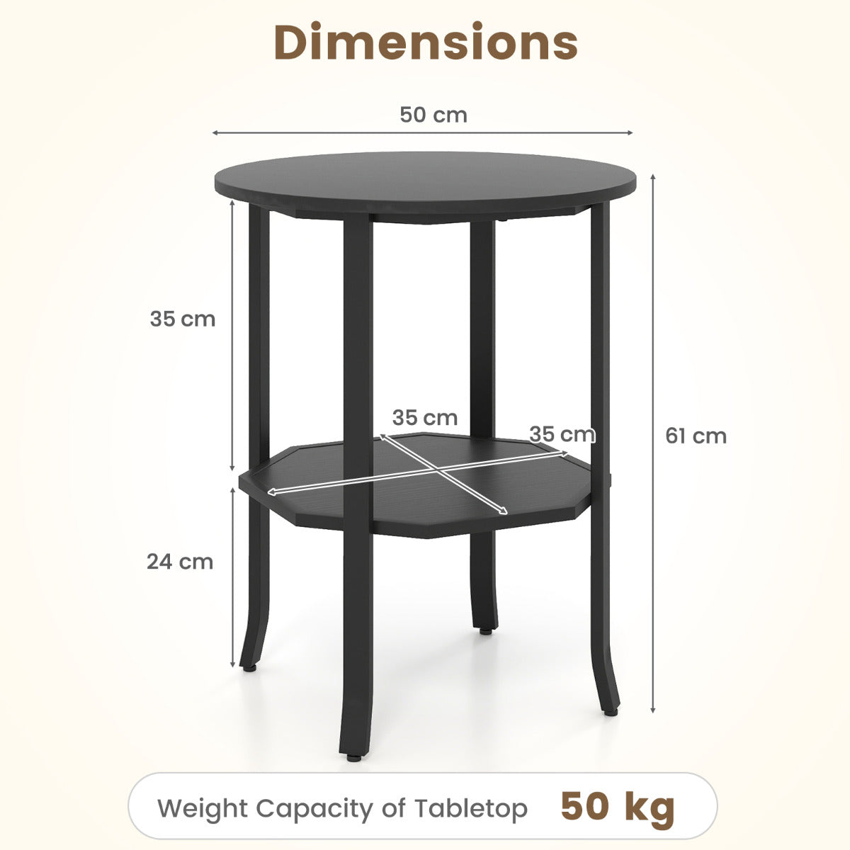 Round Side 2-Tier End Table with Storage Shelf-Black