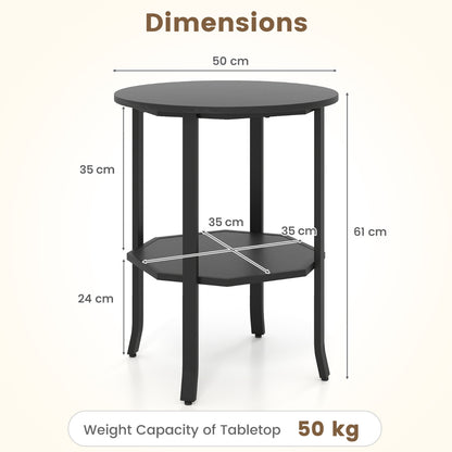 Round Side 2-Tier End Table with Storage Shelf-Black