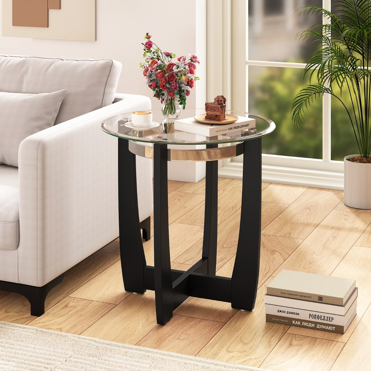 61cm Round Side Table with Tempered Glass Top and Solid Rubber Wood Base-Black