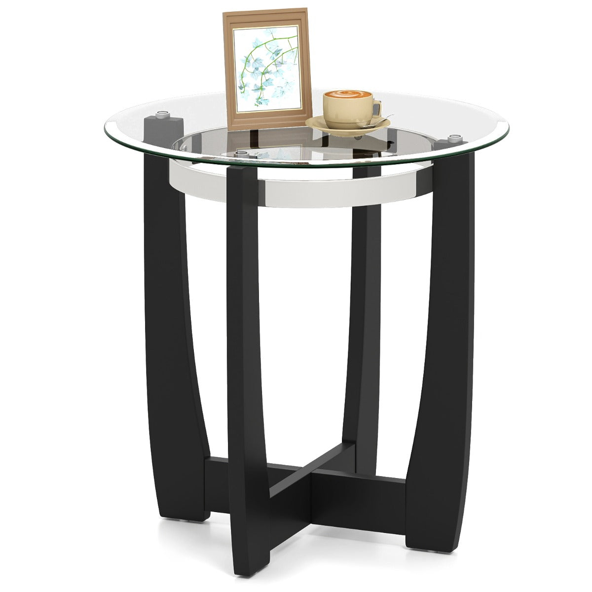 61cm Round Side Table with Tempered Glass Top and Solid Rubber Wood Base-Black