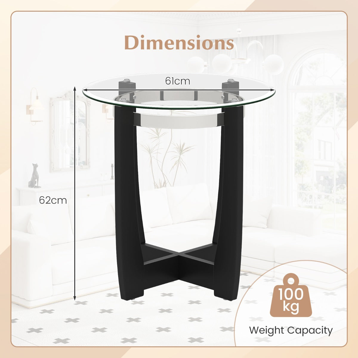 61cm Round Side Table with Tempered Glass Top and Solid Rubber Wood Base-Black