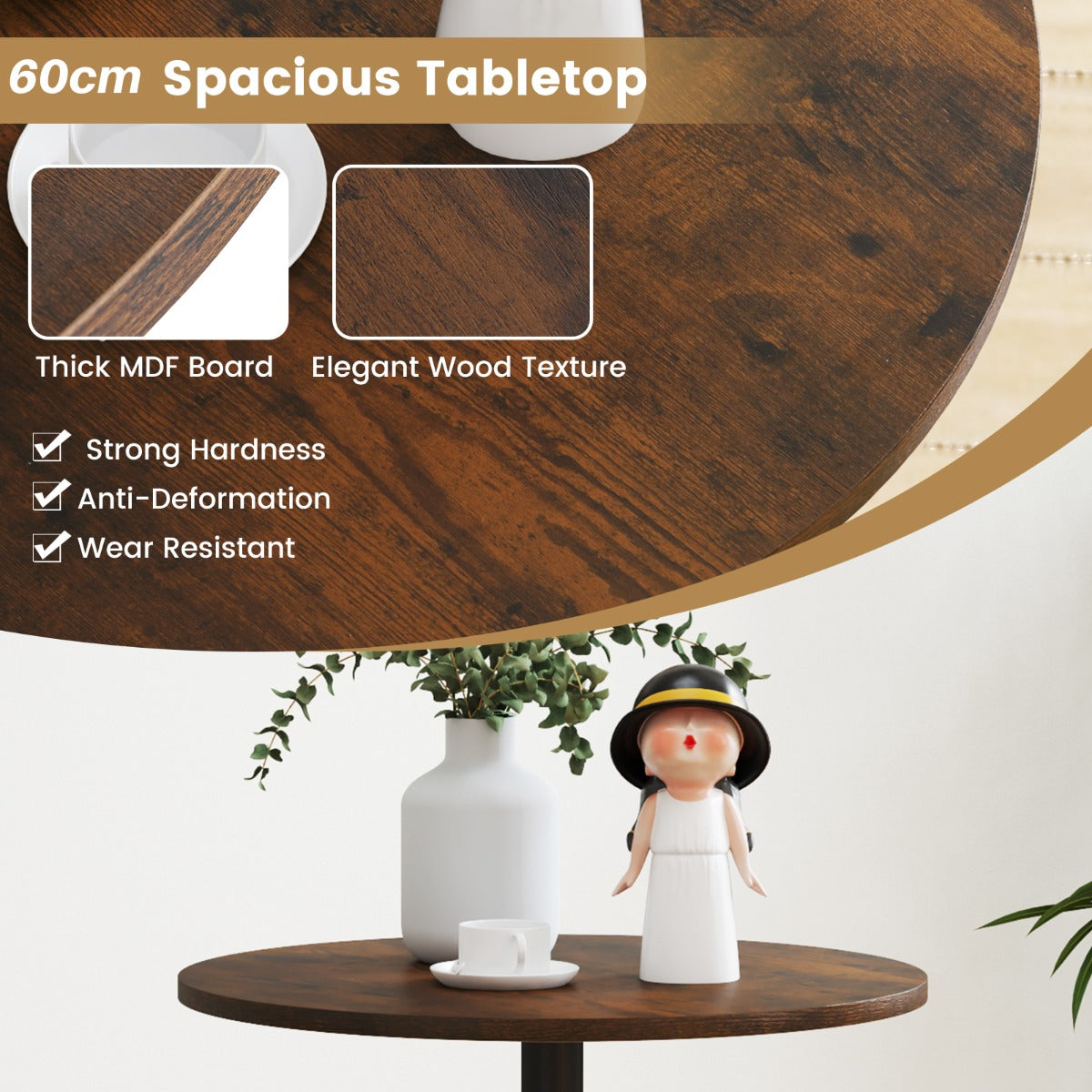 Round Top Pub and Bar Table with MDF Top and Base-2 Pieces-Rustic Brown