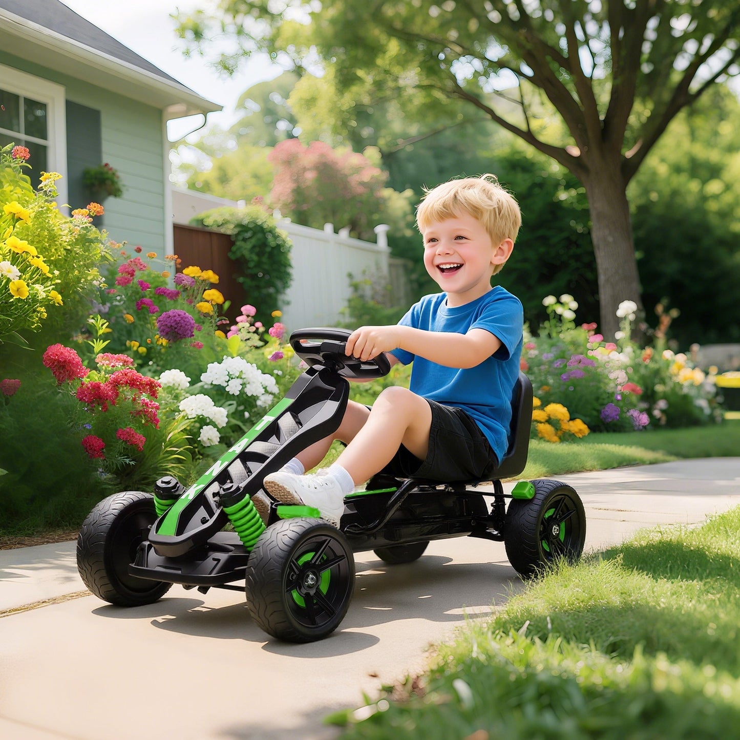 AIYAPLAY Pedal Go Kart for Kids Aged 3-6 Years, with Freewheel System, Brake, EVA Anti-Slip Wheels, Green