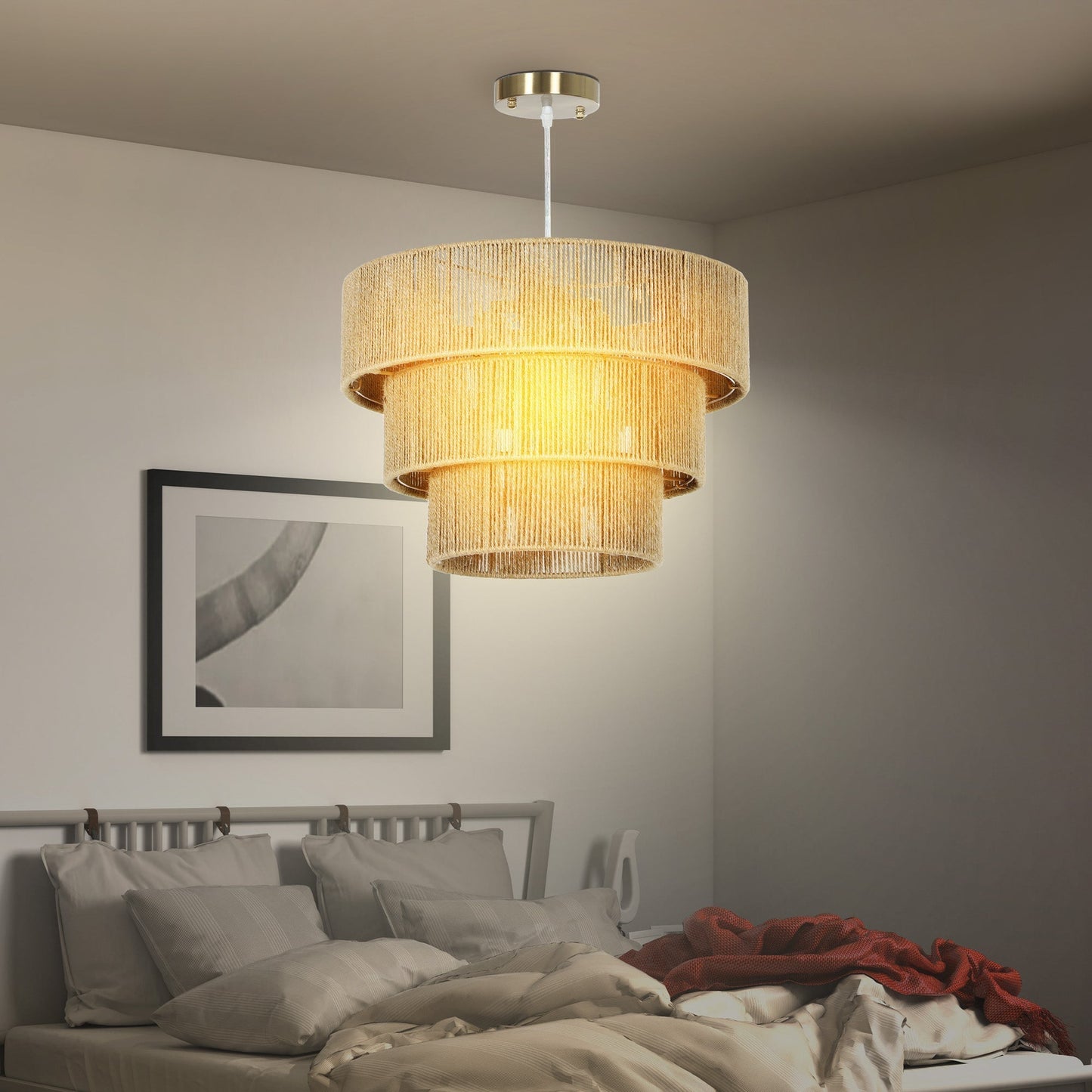 HOMCOM Hemp Rope Ceiling Light, 3-Layer Boho Pendant Light, 4 x E14 Vintage Ceiling Lamp Fixtures for Living Room, Bedroom, Kitchen, Hallway, Light Brown