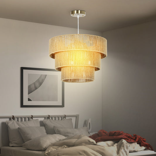 HOMCOM Hemp Rope Ceiling Light, 3-Layer Boho Pendant Light, 4 x E14 Vintage Ceiling Lamp Fixtures for Living Room, Bedroom, Kitchen, Hallway, Light Brown