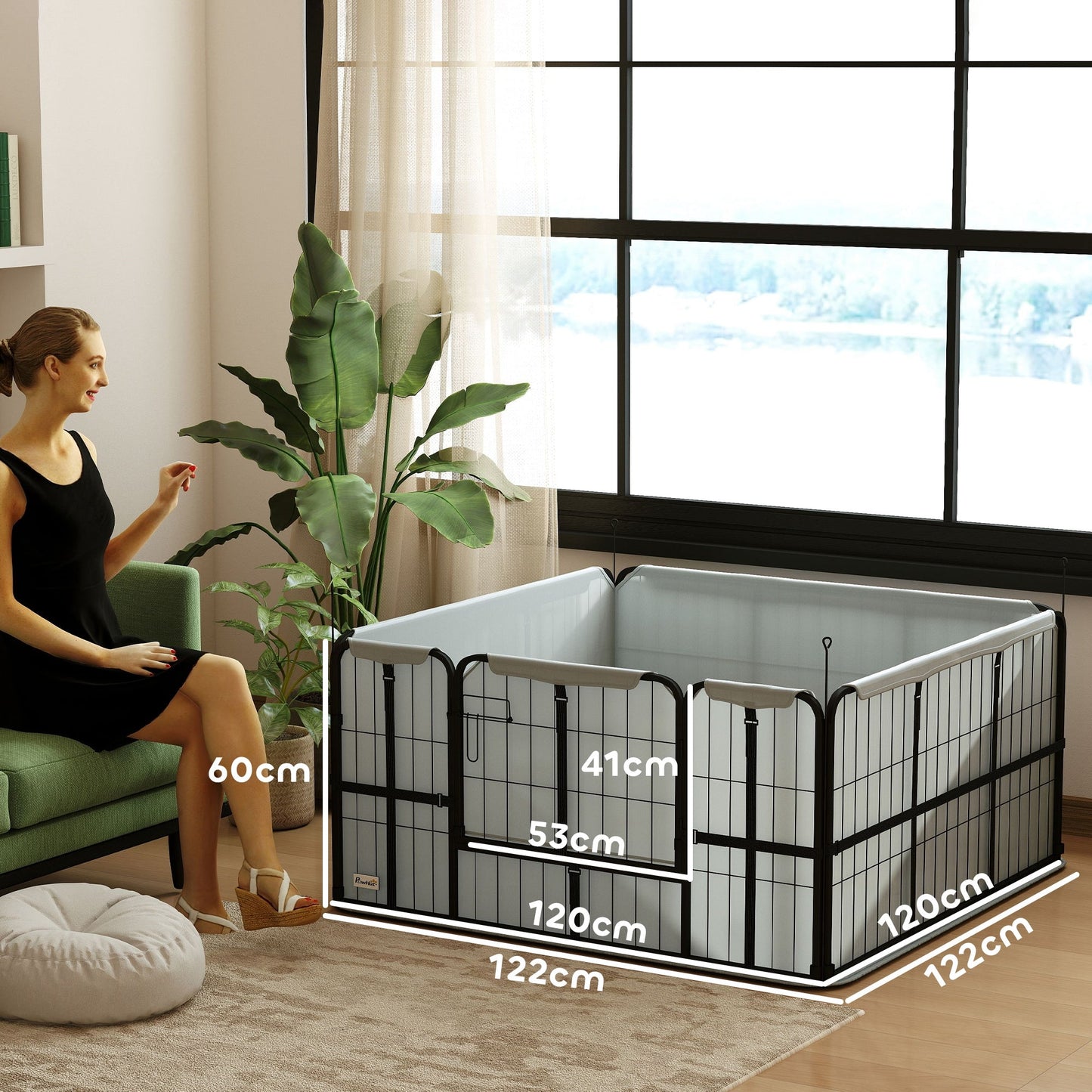 PawHut Steel Dog Whelping Box with Washable Whelping Pad, Wind-Resistant Cloth, for Small, Medium Dogs, 122 x 122 x 60cm
