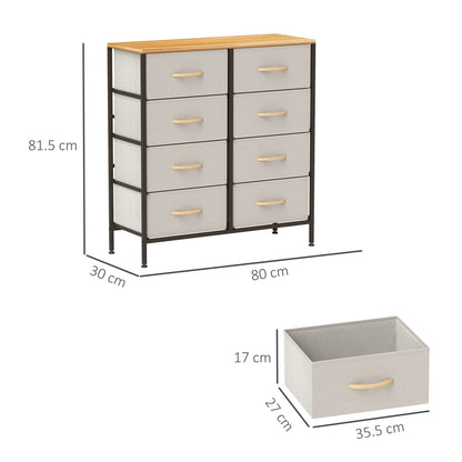 HOMCOM Fabric Chest of Drawers, Industrial Bedroom Dresser with 8 Fabric Drawers, Steel Frame and Wooden Top for Nursery, Living Room, Hallway, Cream White
