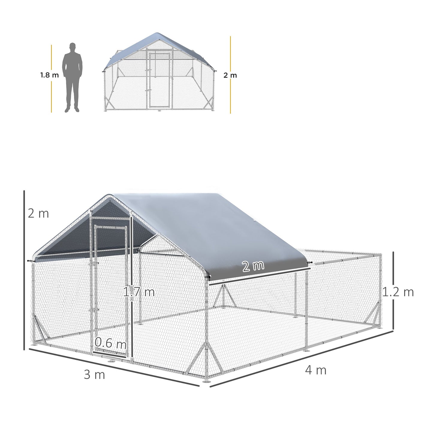 PawHut Walk-In Chicken Run, Hen House, with Roof, for Ducks, Chickens, Rabbits