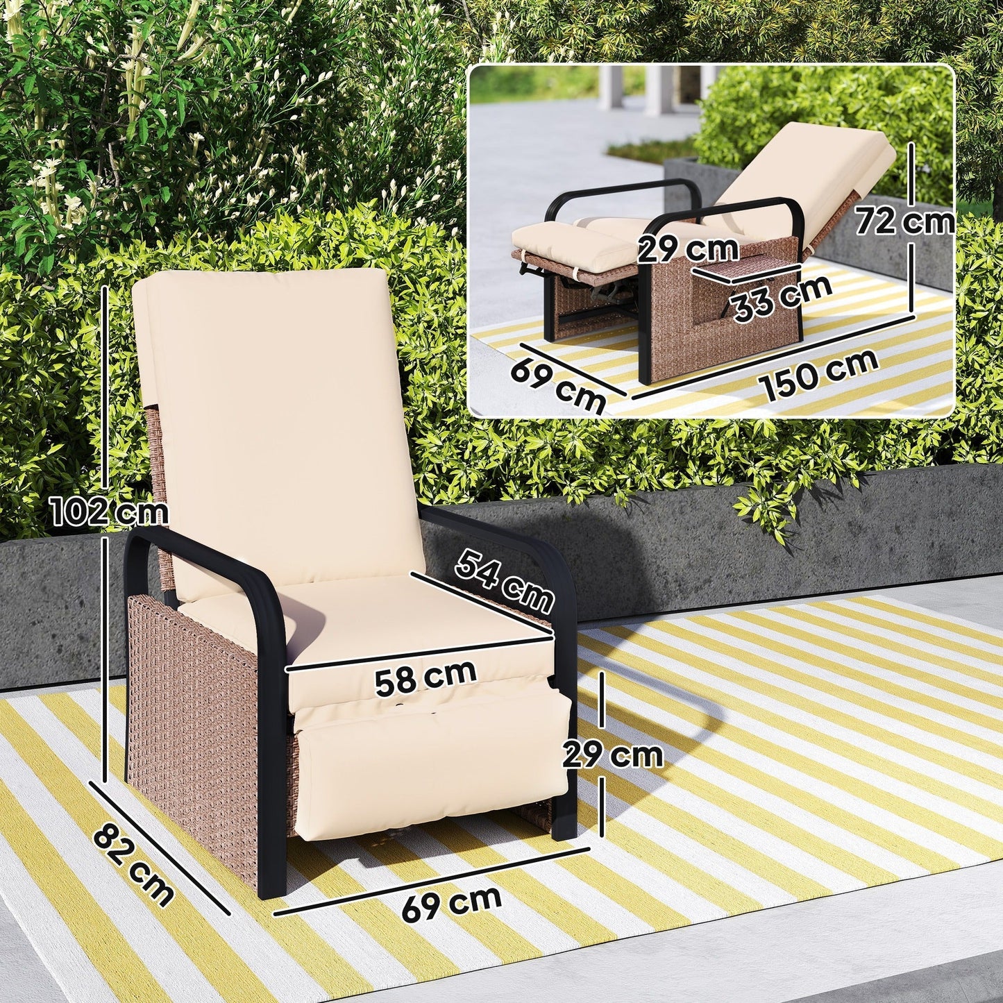 Outsunny 140 Reclining Rattan Armchair - Brown/Khaki