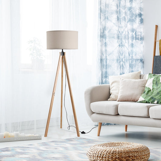 HOMCOM Floor Lamp with Elegant Wood Tripod, Free Standing E27 Bulb Lamp Versatile Use For Home Office - Beige