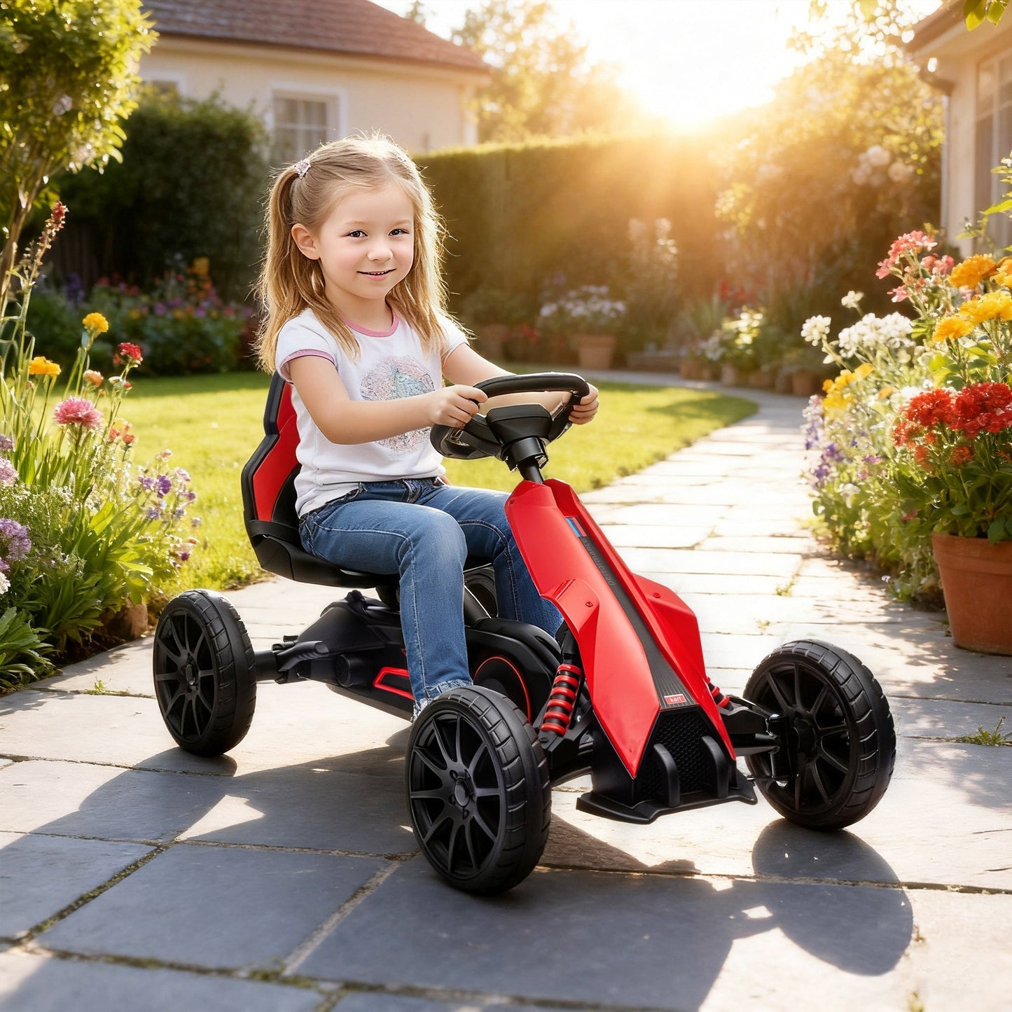HOMCOM Kids Pedal Go Kart, with Adjustable Seat, EVA Wheels, Seat, Handbrake - Red