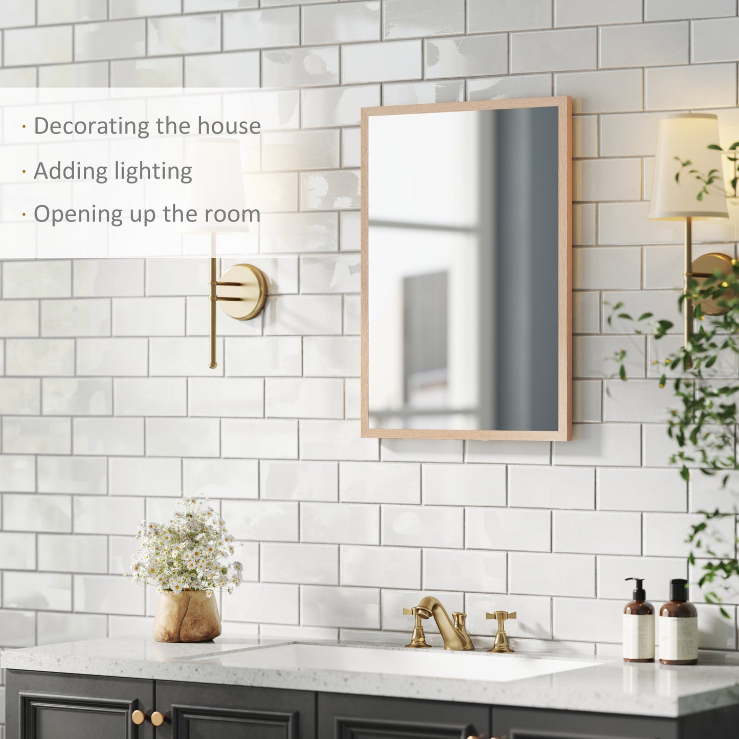 HOMCOM Wall Bathroom Mirror, 70 x 50 cm Wall-Mounted Mirror for Living Room, Bedroom, Hallway, Natural Wood