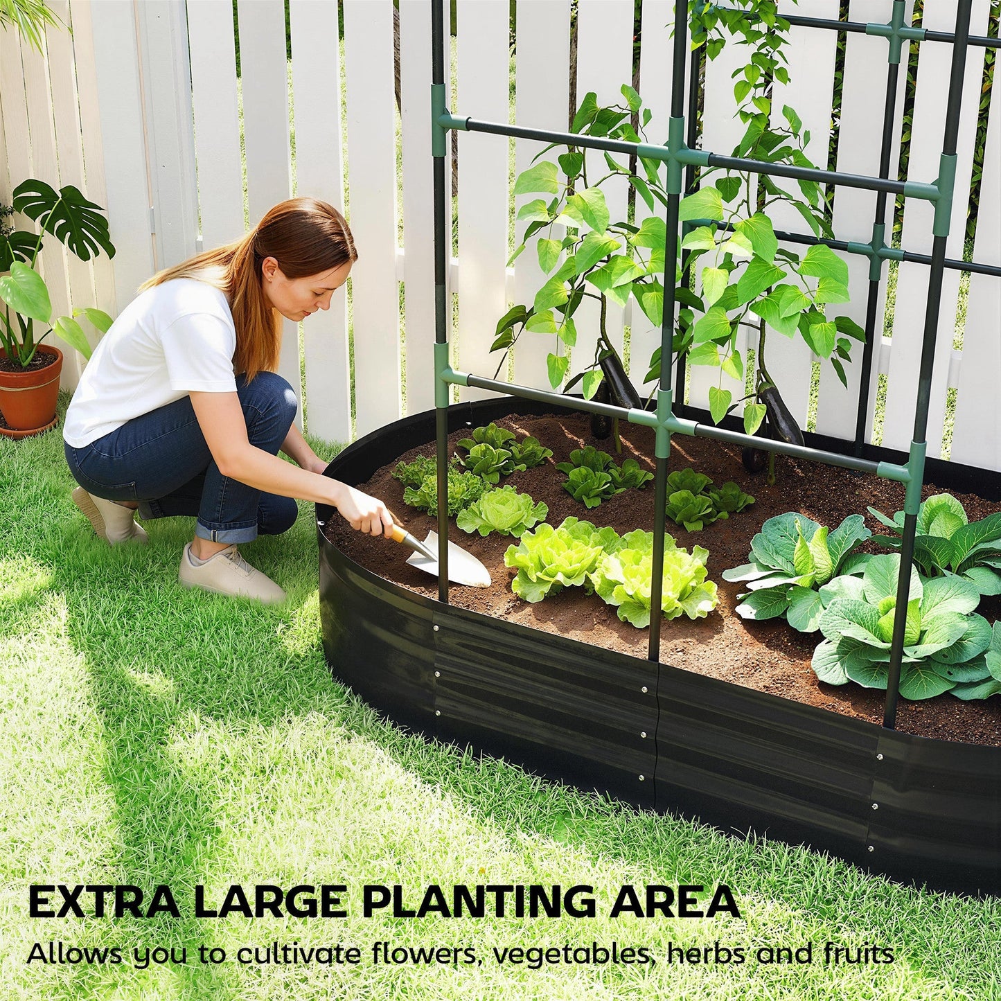 Outsunny Galvanised Raised Garden Bed with Arched Trellis, 5 x 3 x 6ft Metal Raised Bed for Garden with Open Bottom, Dark Grey