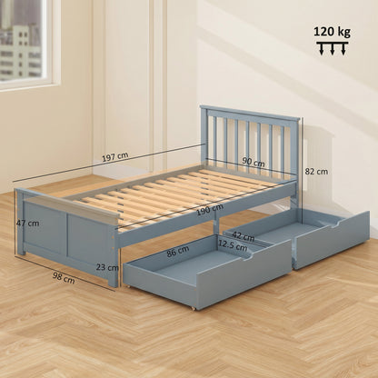 HOMCOM Pine Storage Bed, 3ft Single Solid Wooden Bed Frame with Drawers, Headboard, Wood Slat Support, Grey