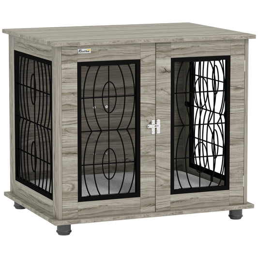 PawHut Indoor Dog Crate Furniture End Table with Soft Washable Cushion, Lockable Front Door, for Medium Dogs - Black