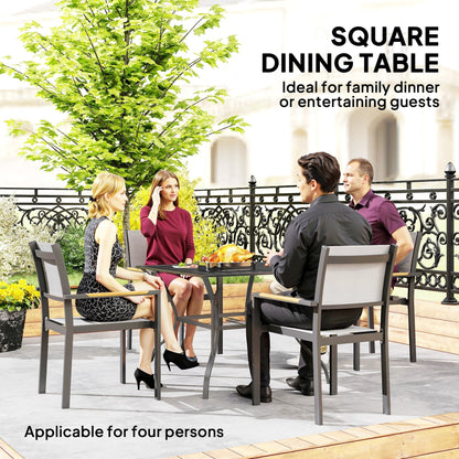 Outsunny 94 x 94 cm Garden Table with Parasol Hole, Outdoor Dining Garden Table for Four with Slatted Metal Plate Top, Dark Grey