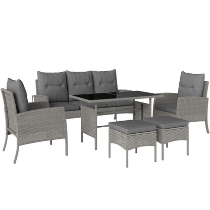 Outsunny 7 Seater Rattan Garden Furniture Set, 6 Piece Patio Dining Set, Armchairs, 3-Seater Sofa, Footstools, Glass Dining Table, Cushions, Wicker Outdoor Furniture for Conservatory Patio, Grey