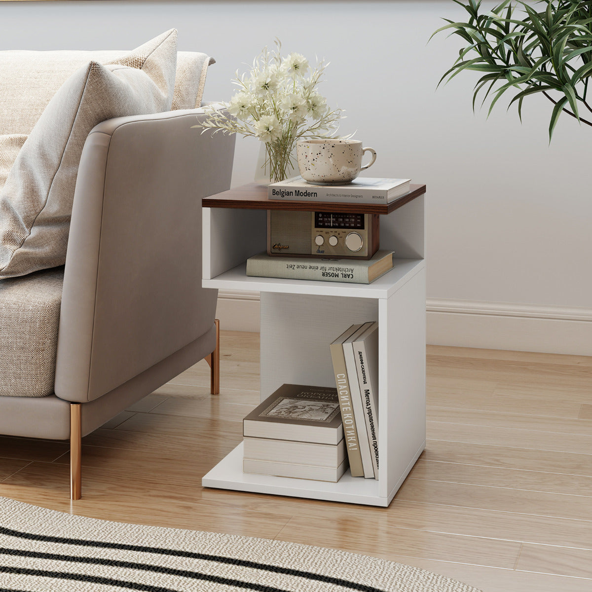S-Shaped Side Table for Small Space with 2 Open Compartments-Walnut