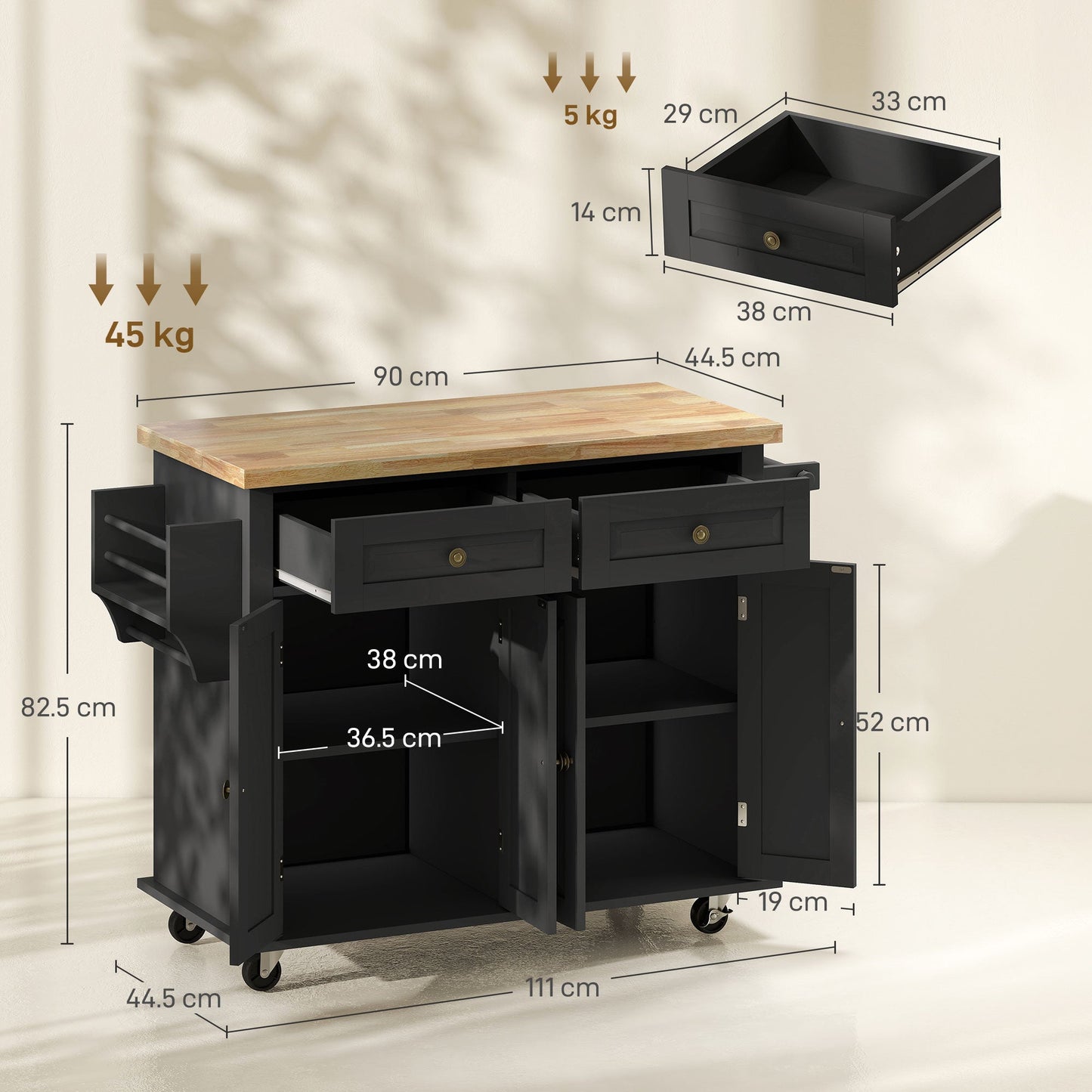 HOMCOM Rolling Kitchen Island Storage Trolley with Rubber Wood Top & Drawers for Dining Room, Black