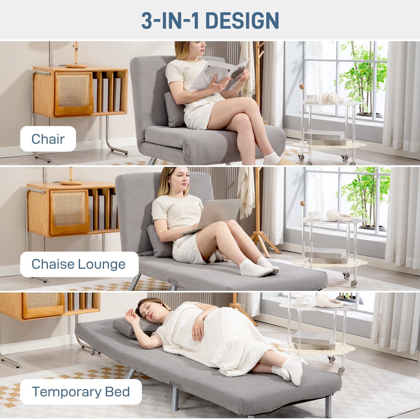 HOMCOM Single Velvet-Feel Chair Bed - Grey
