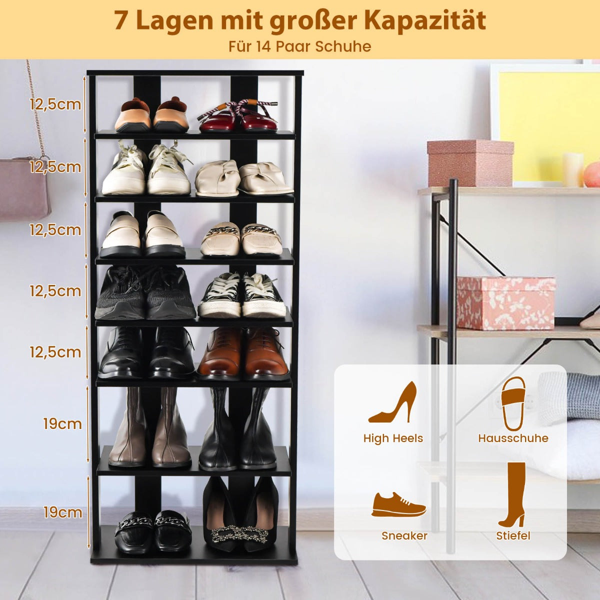 Height adjustable 8 tier wooden shoe rack freestanding corner shelf brown