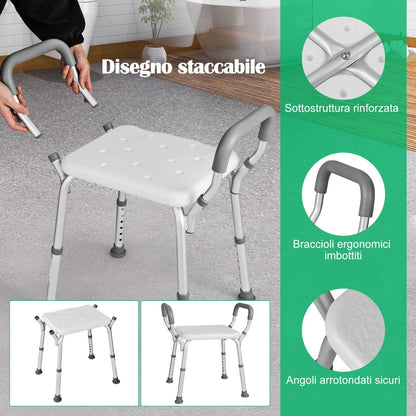 Shower Seat with Detachable Padded Armrests and Non-Slip Rubber Feet, Shower Chair 6 Adjustable Heights Grey