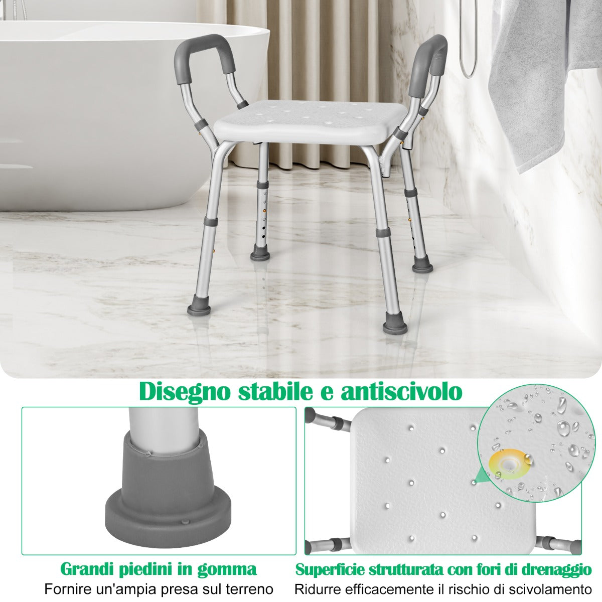 Shower Seat with Detachable Padded Armrests and Non-Slip Rubber Feet, Shower Chair 6 Adjustable Heights Grey