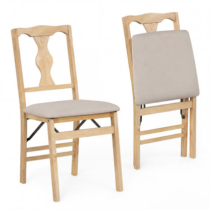 Set of 2 Folding Dining Chairs with Soft Padded Seat and Smooth Solid Backrest-Beige